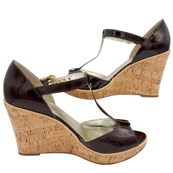 Guess Platform Cork Wedge Strappy Sandal Heels in Brown Patent Leather Size 10 - Picture 5 of 10